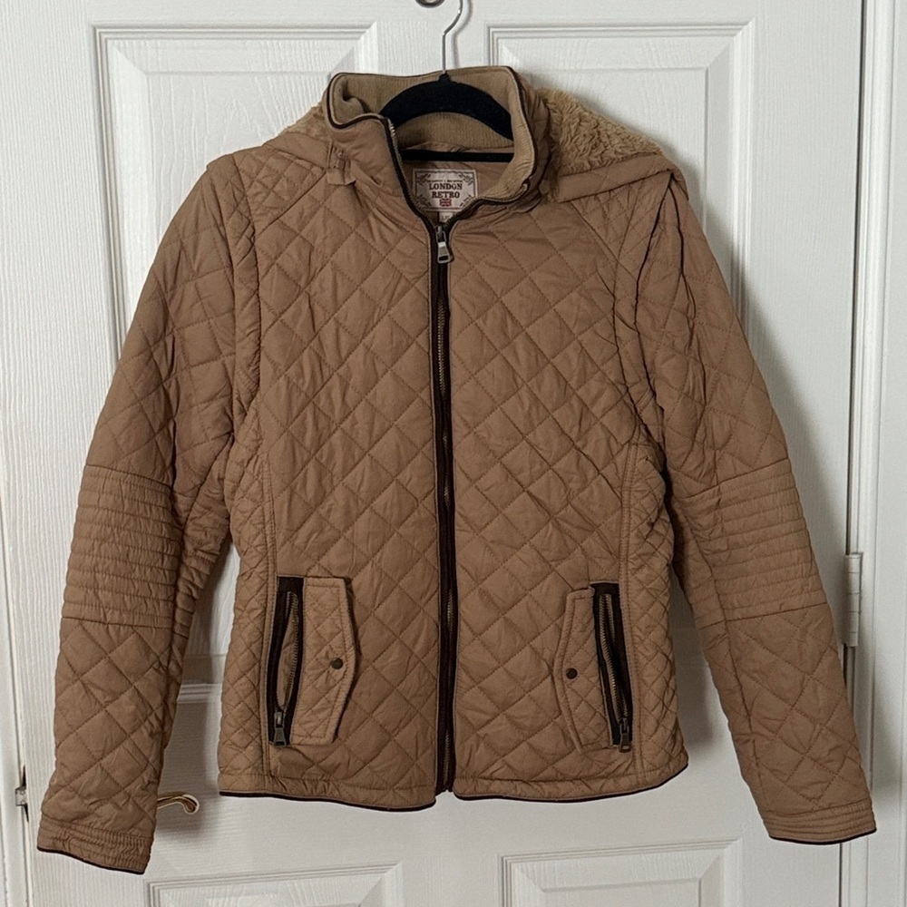 London retro large Beige Jacket removable hood and sleeves converts vest large